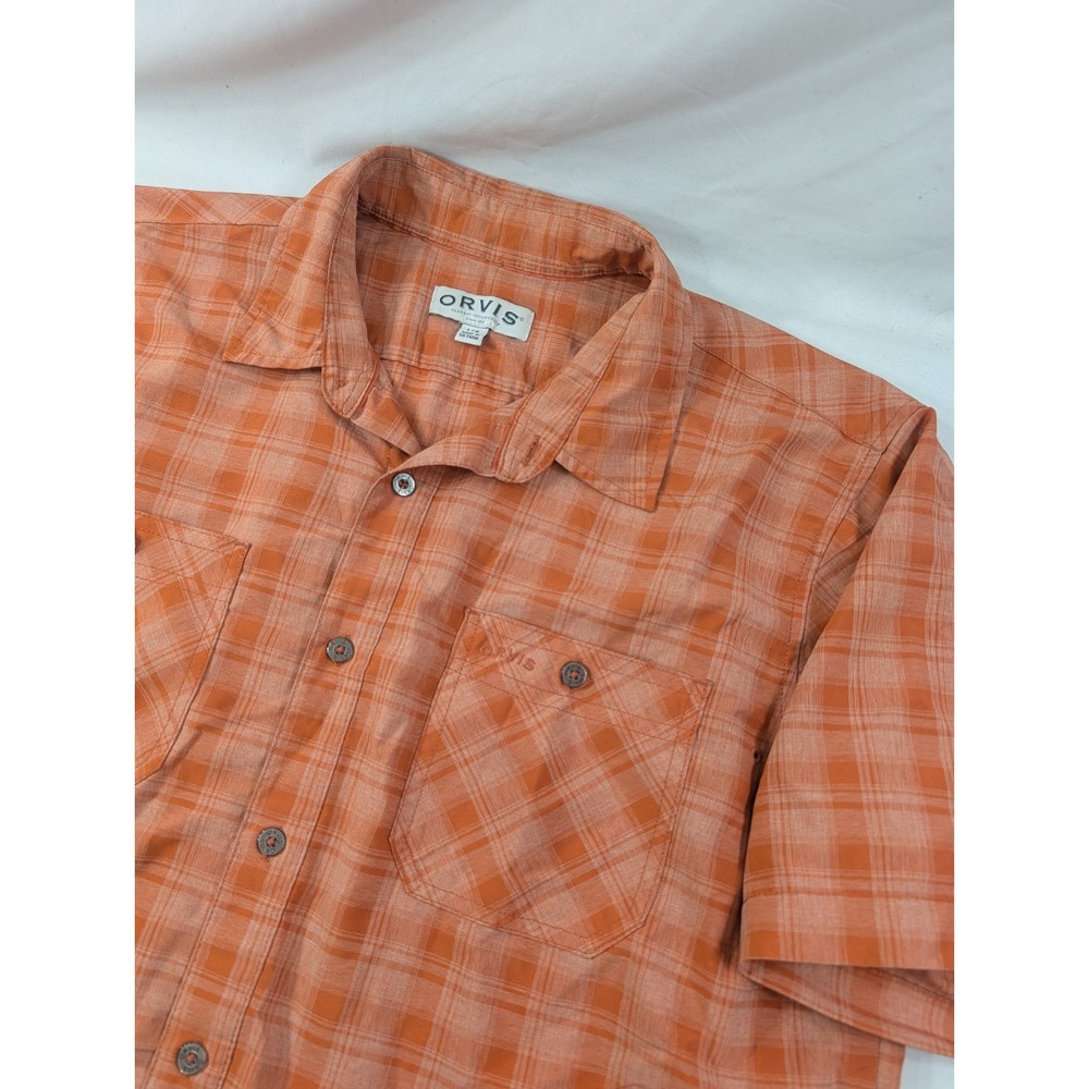 Orvis Button Down Shirt Mens Large Orange Plaid Short Sleeve Ventilated Hiking